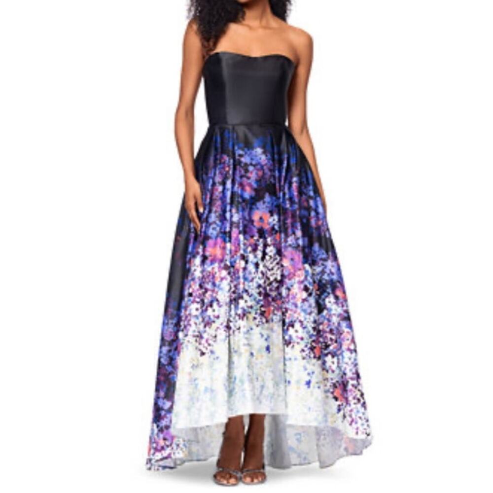 Betsy & Adam Strapless High Low Ball Gown Black Floral Women’s 4 NWT